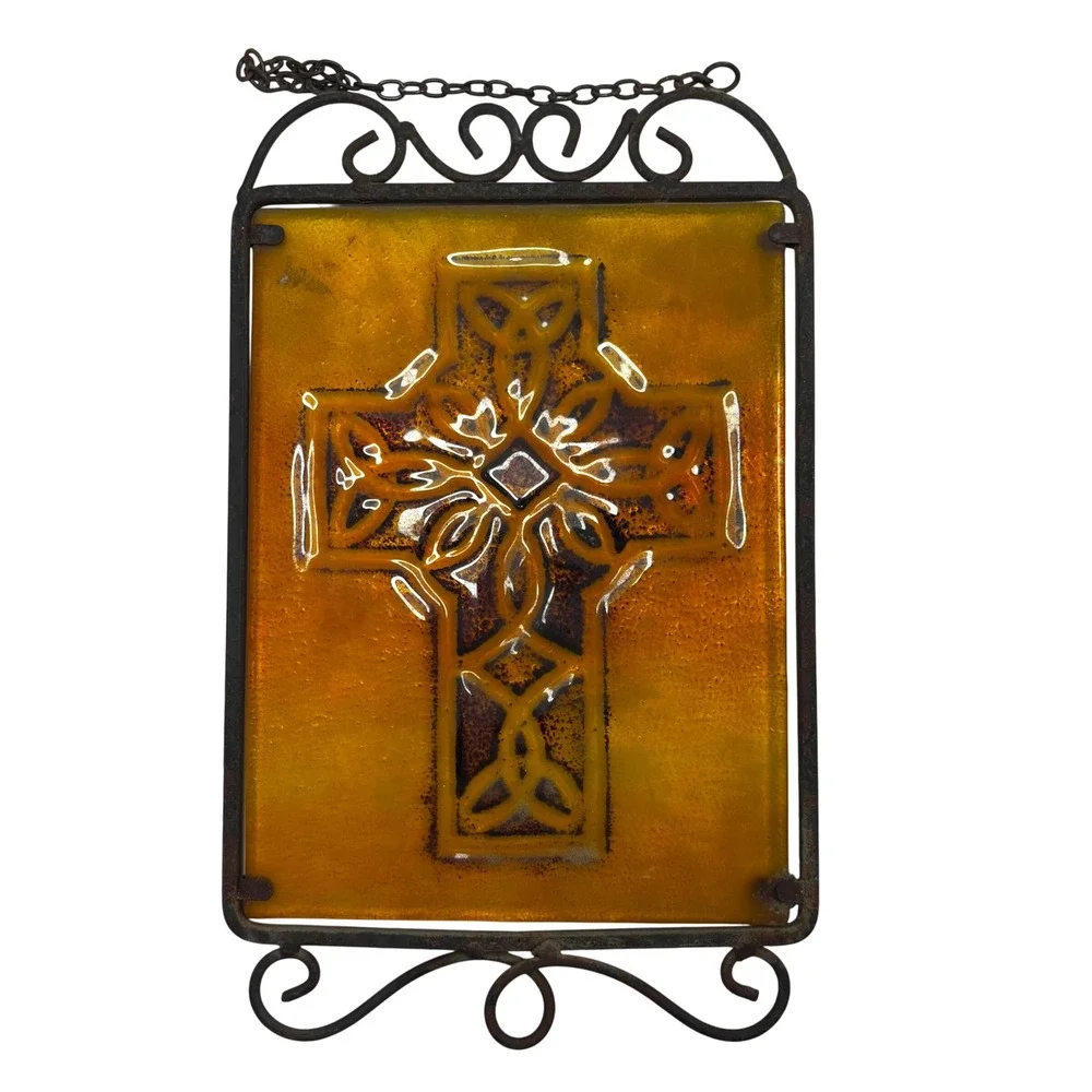 Vintage‎ Amber Glass Celtic Cross Wall Hanging Plaque Wrought Iron Scroll Frame